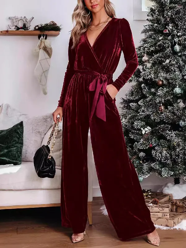 Day To Night Styles Solid Color Long Sleeves Velvet Belted Wide Leg Jumpsuits