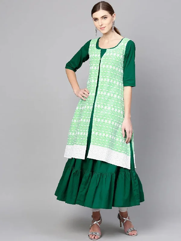 Current Trends Dark Green Solid Cotton Kurta With Jacket