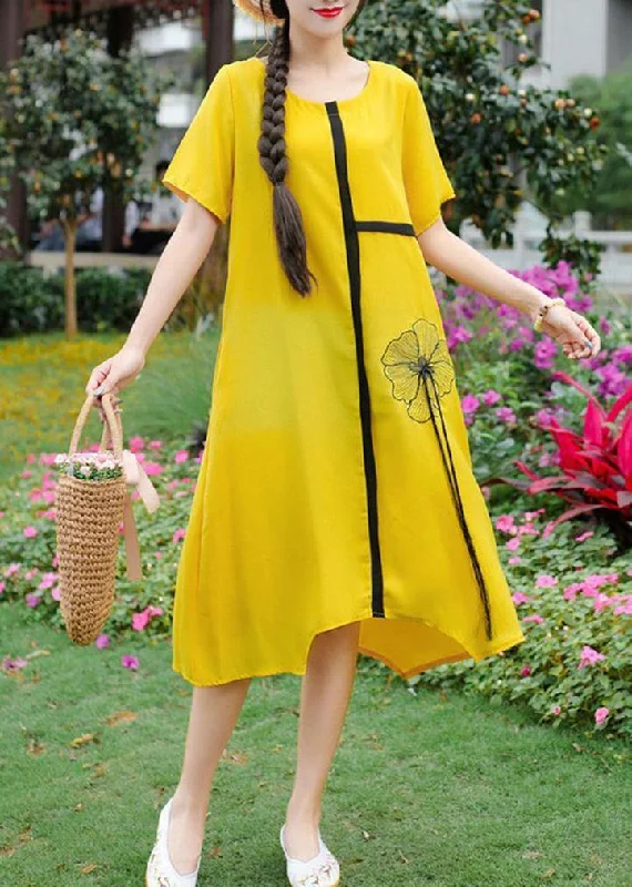 Women's Trendy Clothes Women yellow embroidery linen cotton o neck baggy summer Dresses