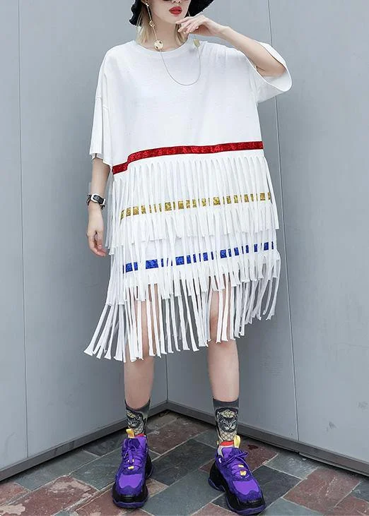 Comfortable Lounge Clothing 100% white Cotton clothes layered tassel shift summer Dresses Comfortable Lounge Clothing 100% white Cotton clothes layered tassel shift summer Dresses