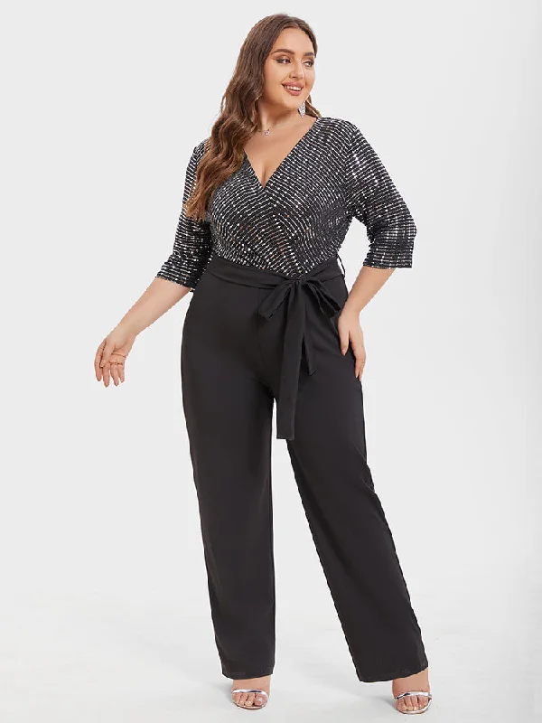 Affordable Online Boutique V-Neck Contrast Belted Sequin Jumpsuit