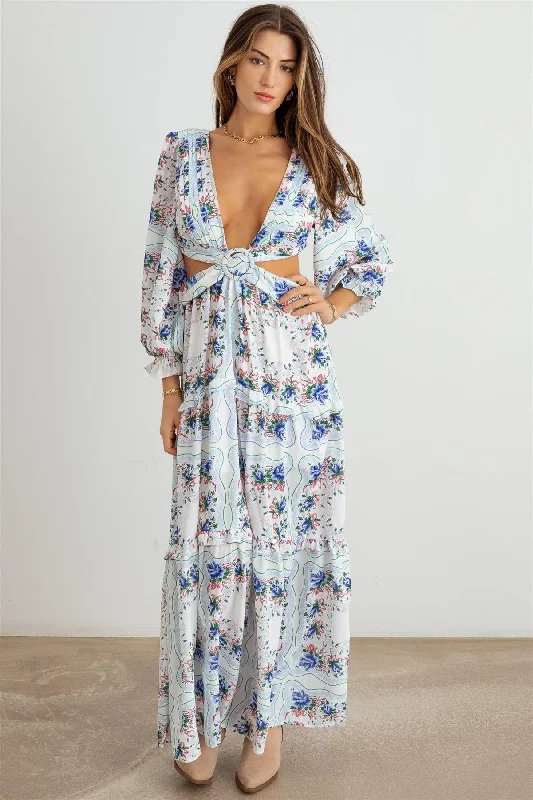 Stylish Women's Clothing Floral Ruffle Criss-Cross Waist O-Ring  Maxi Dress