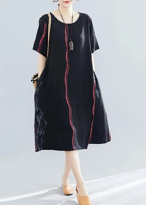 Women's Clothes French o neck Cotton Long black print Dress summer