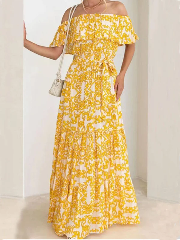 Classic Clothes For Women One-Shoulder Short-Sleeve Printed Charming Ruffle Maxi Dress Classic Clothes For Women One-Shoulder Short-Sleeve Printed Charming Ruffle Maxi Dress