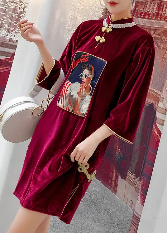 All Season Fashion Collection Retro Red Stand Collar Print Side Open Velour Mid Dress Spring