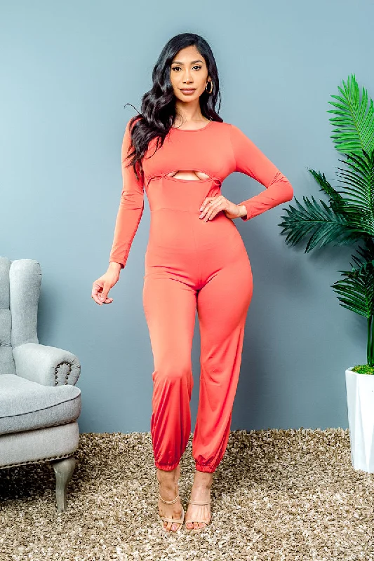 All Season Fashion Collection Jewel Neck Long Sleeve Jumpsuit with Peek-a-boo Midriff  (FL20E308)