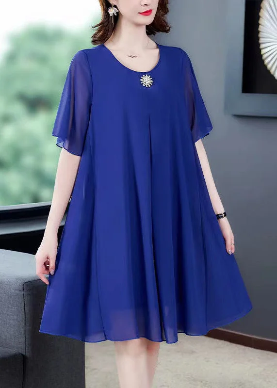 Dive Into Trendy Women's Fashion Loose Blue O Neck Solid Chiffon Dresses Summer