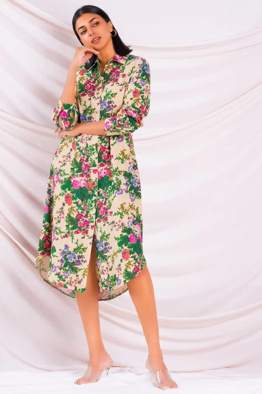 Women's Occasion Wear Clothes Printed Midi Shirt Dress