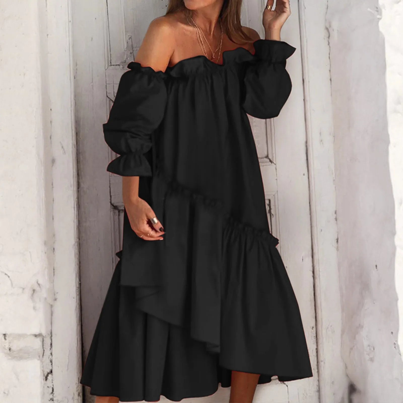 Women's Night-Out Clothes Asymmetrical Loose Irregular Ruffles Long Sleeve Bohemian Beach Midi Dress Women's Night-Out Clothes Asymmetrical Loose Irregular Ruffles Long Sleeve Bohemian Beach Midi Dress