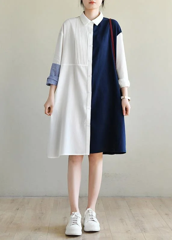 Women's Clothes For Work Events Unique Navy Patchwork White Peter Pan Collar Cotton Spring Mid Dress Women's Clothes For Work Events Unique Navy Patchwork White Peter Pan Collar Cotton Spring Mid Dress