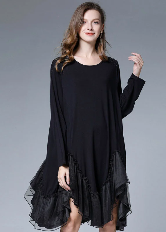 Sale Clearance Style Black Asymmetrical Patchwork Ruffles Cotton Maxi Dresses Spring