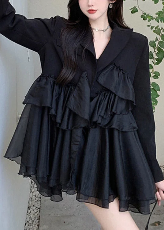 Fashion Forward Outfits Sexy Black Notched Asymmetrical Patchwork Mini Pleated Dress Long Sleeve