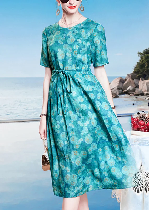 Elegant Clothing For Women Loose Peacock Blue O-Neck Dot Print Drawstring Linen Long Dresses Short Sleeve Elegant Clothing For Women Loose Peacock Blue O-Neck Dot Print Drawstring Linen Long Dresses Short Sleeve