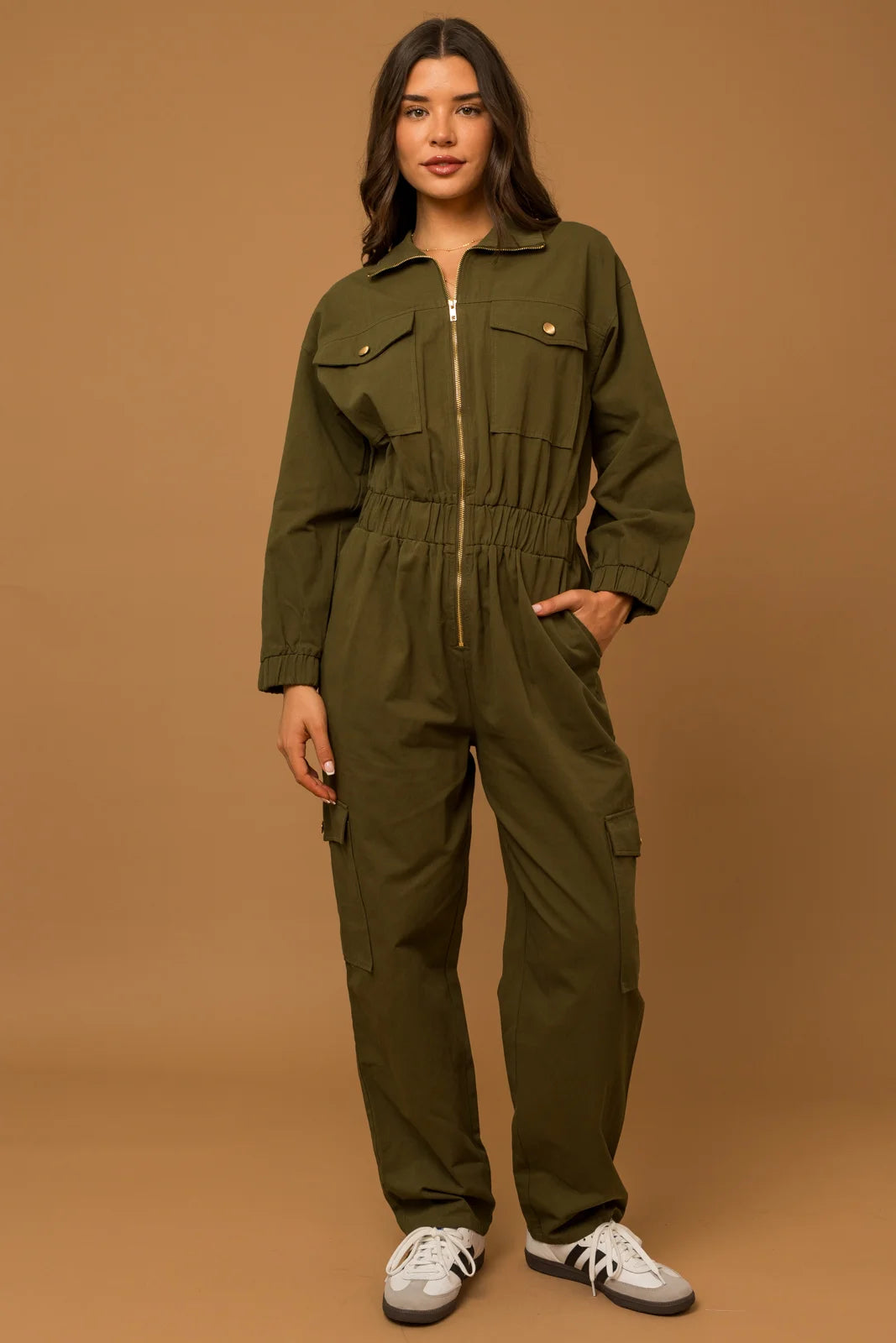 Chic Trends Unveiled Cotton Front Zipper Elastic Waist Cargo Jumpsuit