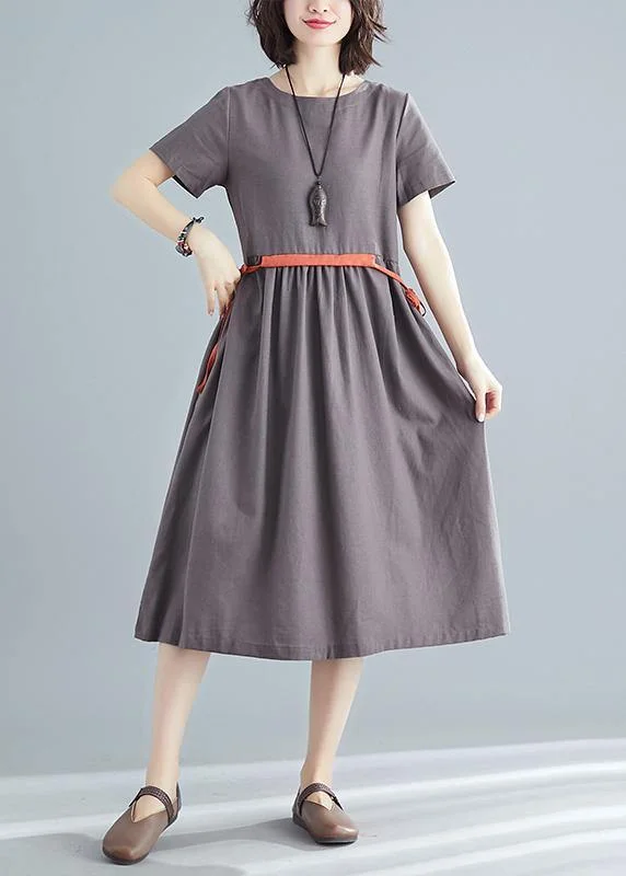 Women's Transitional Clothes Organic brown linen quilting dresses o neck tie waist summer Dress Women's Transitional Clothes Organic brown linen quilting dresses o neck tie waist summer Dress