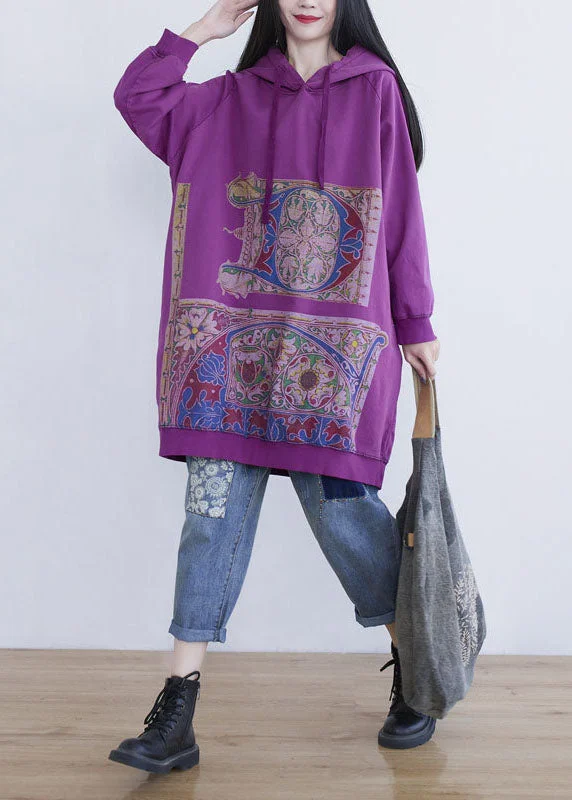 Eclectic Style Wardrobe Fine Purple Hooded Print Cotton Mid Dress Spring