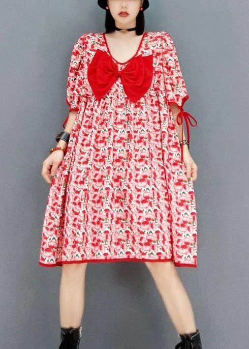 Women's Plus-Size Clothes diy Red V Neck Print Half Sleeve Fall Dresses