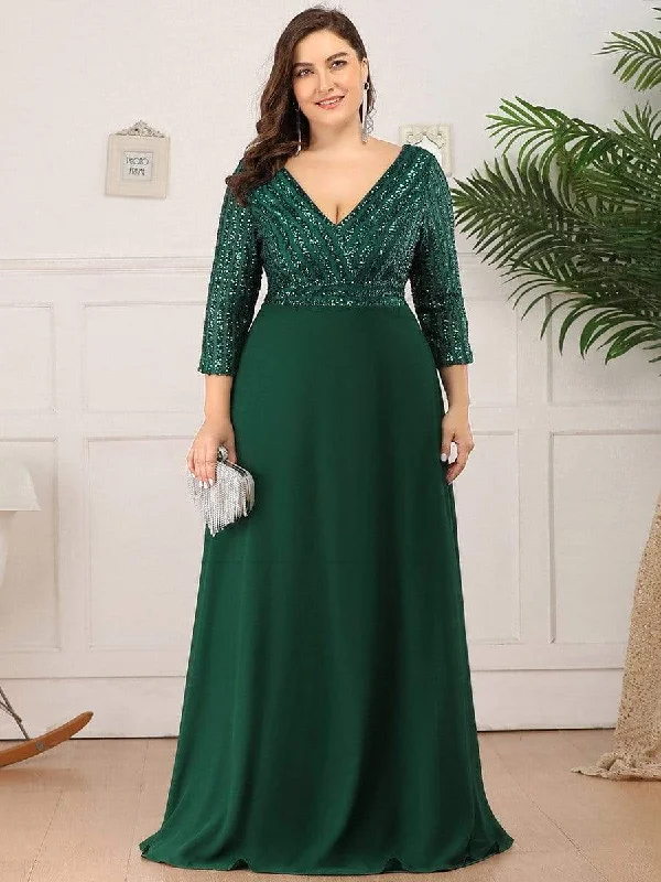Women's Elegant Clothing Sets Plus Size Sexy V Neck A-Line Sequin Evening Dress with Sleeve Women's Elegant Clothing Sets Plus Size Sexy V Neck A-Line Sequin Evening Dress with Sleeve