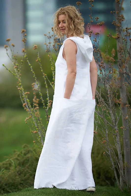 Women's Clothes For The Office Hooded Linen Maxi Dress with Pockets