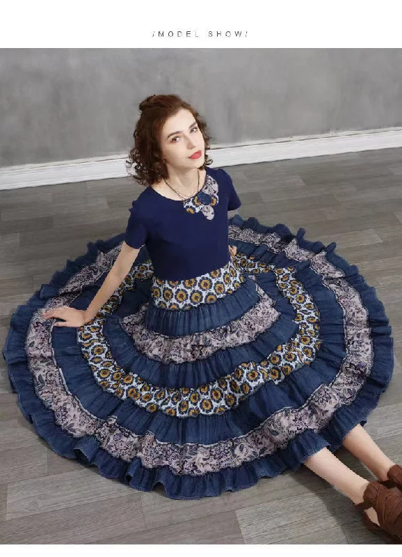 Sustainable Women's Clothes Women Blue O-Neck Patchwork Cotton Vacation Pleated Dresses Short Sleeve Sustainable Women's Clothes Women Blue O-Neck Patchwork Cotton Vacation Pleated Dresses Short Sleeve