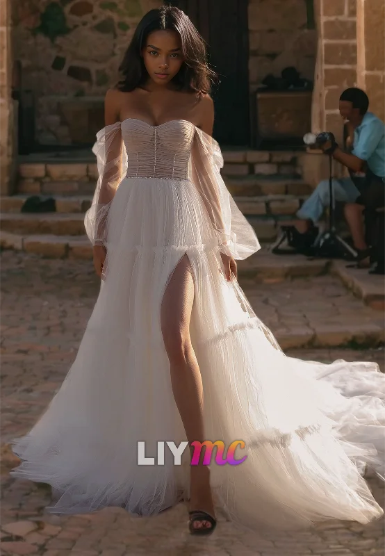 Sustainable Fashion Clothing For Women Off-Shoulder Long Sleeves Tulle A-Line Beach Wedding Dress Sustainable Fashion Clothing For Women Off-Shoulder Long Sleeves Tulle A-Line Beach Wedding Dress