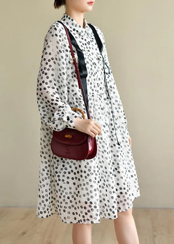 Stylish Women's Clothing Boutique White Dot Chiffon Pockets Summer Dresses