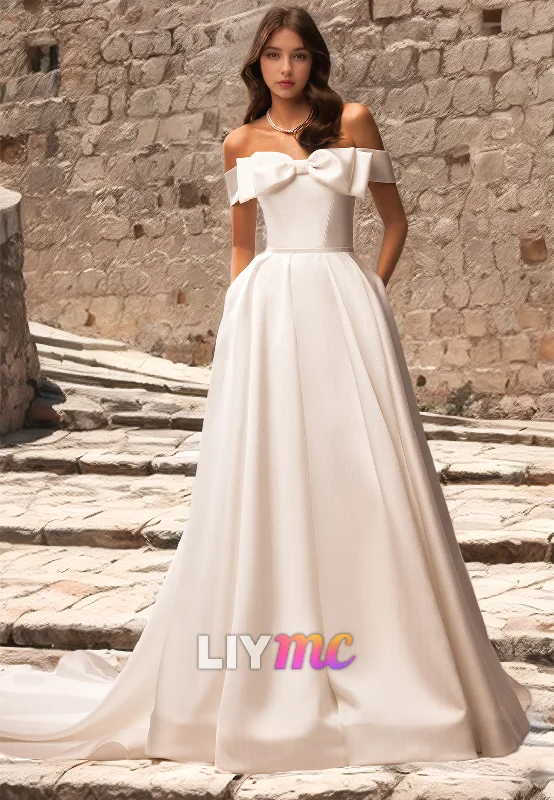 Women's Office Clothing Off-Shoulder Strapless Pleated Sleek Satin A-Line Wedding Dress Women's Office Clothing Off-Shoulder Strapless Pleated Sleek Satin A-Line Wedding Dress