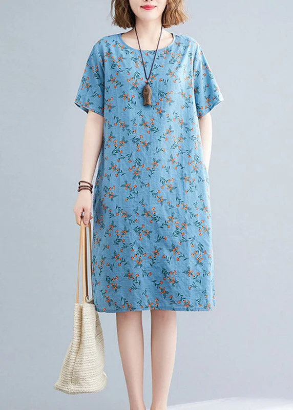Women's Elegant Clothes Loose Flower number Two O-Neck Print Linen Mid Dress Short Sleeve Women's Elegant Clothes Loose Flower number Two O-Neck Print Linen Mid Dress Short Sleeve