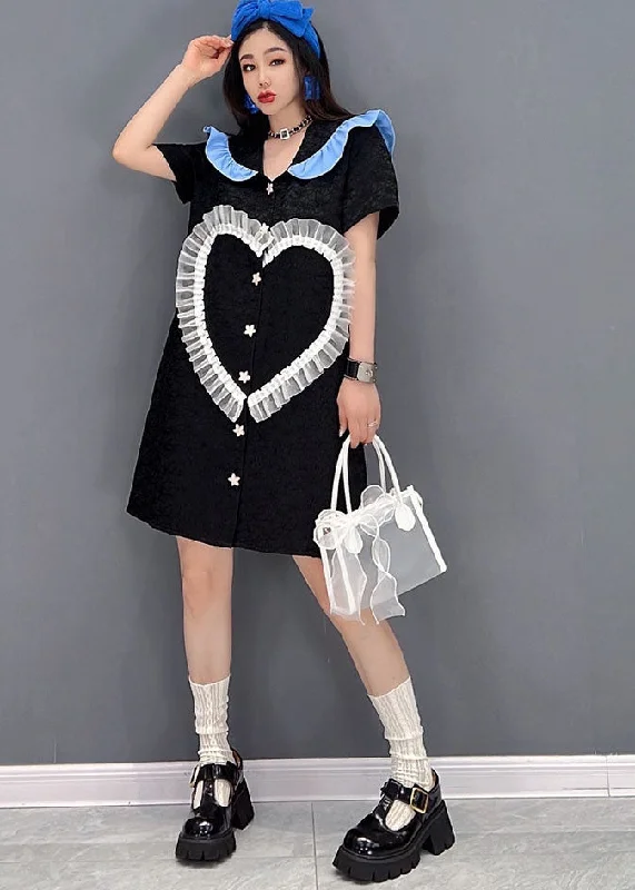 Trendy Athleisure Clothing For Women Cute Black Peter Pan Collar Love Tulle Patchwork Shirt Dress Short Sleeve Trendy Athleisure Clothing For Women Cute Black Peter Pan Collar Love Tulle Patchwork Shirt Dress Short Sleeve