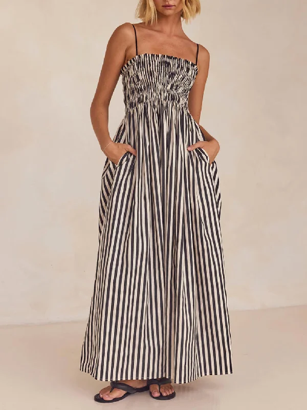 Comfortable Women's Clothing Sophistication Unique Stripe Charming Pleated Maxi Dress Comfortable Women's Clothing Sophistication Unique Stripe Charming Pleated Maxi Dress
