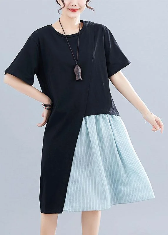 Women's High-Fashion Clothes Italian black cotton linen clothes For Women patchwork o neck baggy summer Dresses Women's High-Fashion Clothes Italian black cotton linen clothes For Women patchwork o neck baggy summer Dresses
