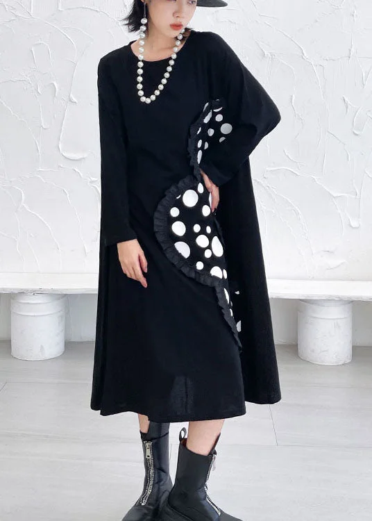 Casual Chic Clothing For Women Italian Black Ruffled Patchwork Print Fall Ankle Dress Long sleeve Casual Chic Clothing For Women Italian Black Ruffled Patchwork Print Fall Ankle Dress Long sleeve