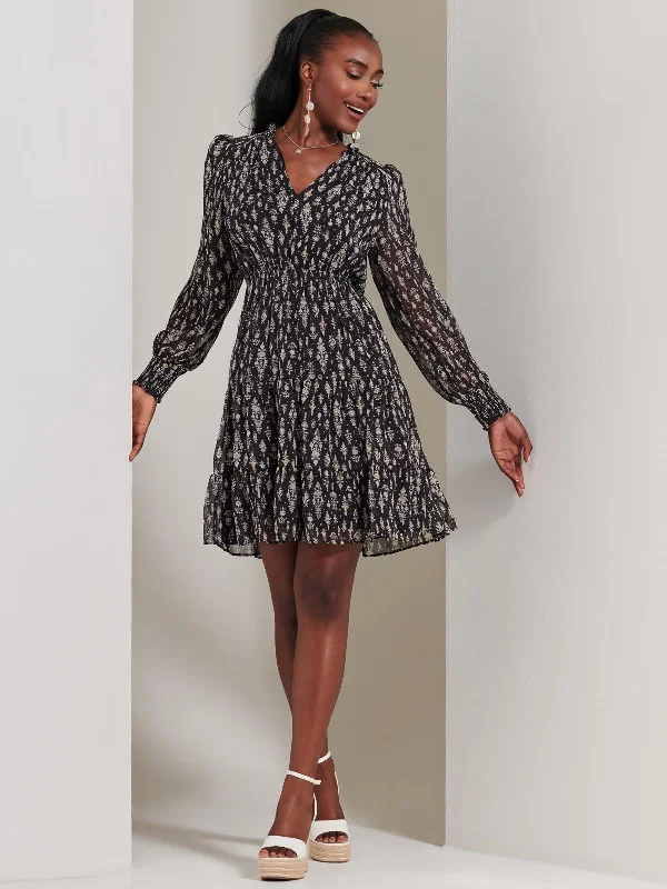 Stylish And Comfortable Clothing For Women Long Sleeve Chiffon Tiered Mini Dress, Black Pattern Stylish And Comfortable Clothing For Women Long Sleeve Chiffon Tiered Mini Dress, Black Pattern