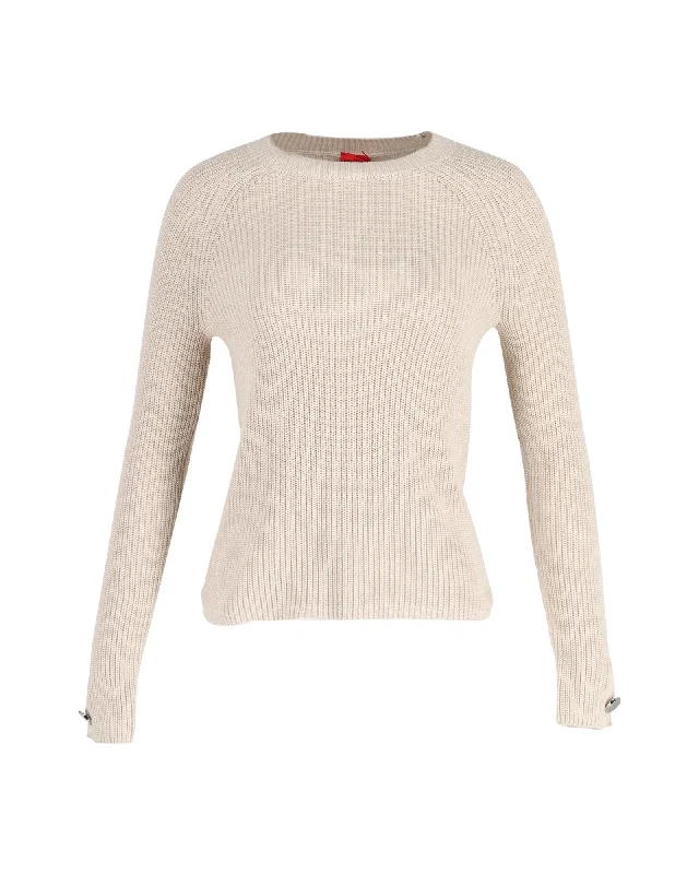 Women's Holiday Clothes Hugo Boss Knitted Crewneck Sweater in Beige Cotton