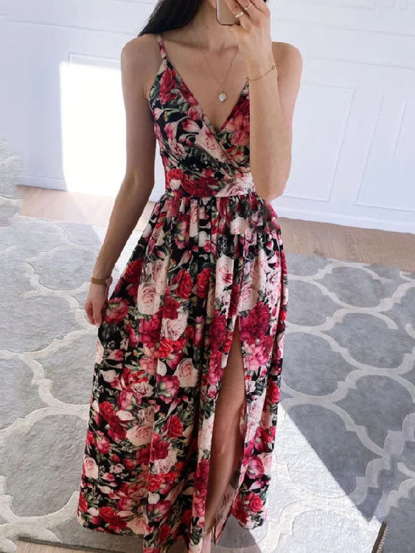 Women's Clothing For Travel Printed Deep V-Neck Slit Sling Dress