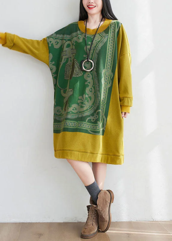 Women's Occasion Wear Clothing Yellow Patchwork Cotton Loose Sweatshirt Dress O-Neck Print Spring Women's Occasion Wear Clothing Yellow Patchwork Cotton Loose Sweatshirt Dress O-Neck Print Spring