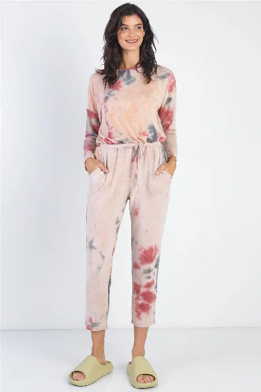 Relaxed Fashion Burgundy Tie-Dye Round Neck Long Sleeve Jumpsuit