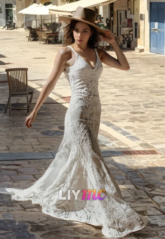 Affordable Trendy Clothes For Women V-Neck Sleeveless Appliques Mermaid Boho Wedding Dress Affordable Trendy Clothes For Women V-Neck Sleeveless Appliques Mermaid Boho Wedding Dress