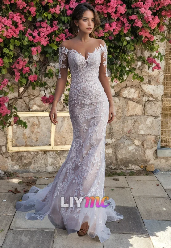 Affordable Women's Clothing LW325 - Illusion Neckline Long Sleeves Lace Mermaid Wedding Dress Affordable Women's Clothing LW325 - Illusion Neckline Long Sleeves Lace Mermaid Wedding Dress