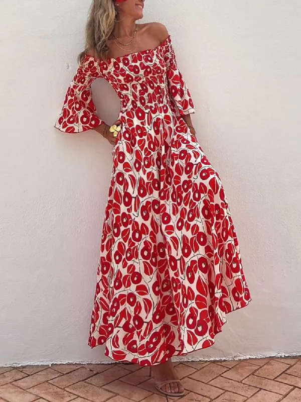Women's Clothes For Work Floral Print Smocked Off Graceful Shoulder Pocketed Maxi Dress Women's Clothes For Work Floral Print Smocked Off Graceful Shoulder Pocketed Maxi Dress