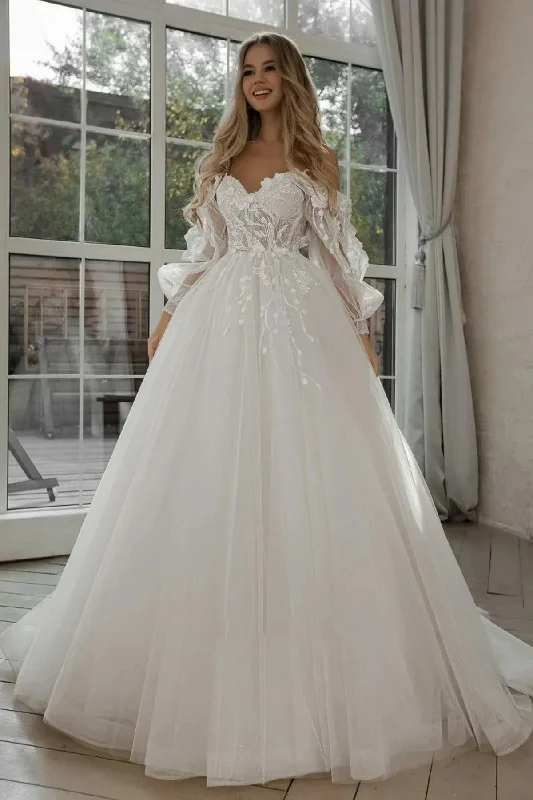 Luxury Women's Clothing Glitter Wedding Dresses Puff Sleeve Appliques Lace 3D Flowers off Shoulder Tulle Boho Bride Gown 2021 vestidos de novia Luxury Women's Clothing Glitter Wedding Dresses Puff Sleeve Appliques Lace 3D Flowers off Shoulder Tulle Boho Bride Gown 2021 vestidos de novia