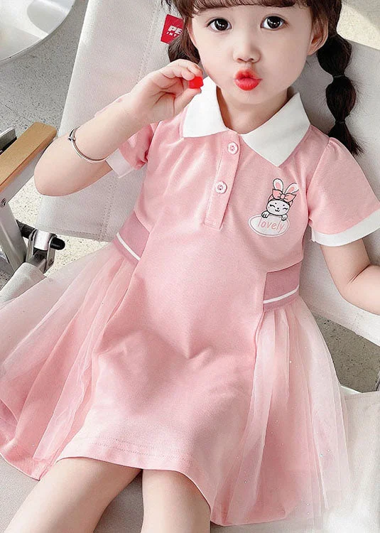 Athleisure Wear Special Offer Casual Pink Peter Pan Collar Tulle Patchwork Cotton Kids Girls Dress Summer