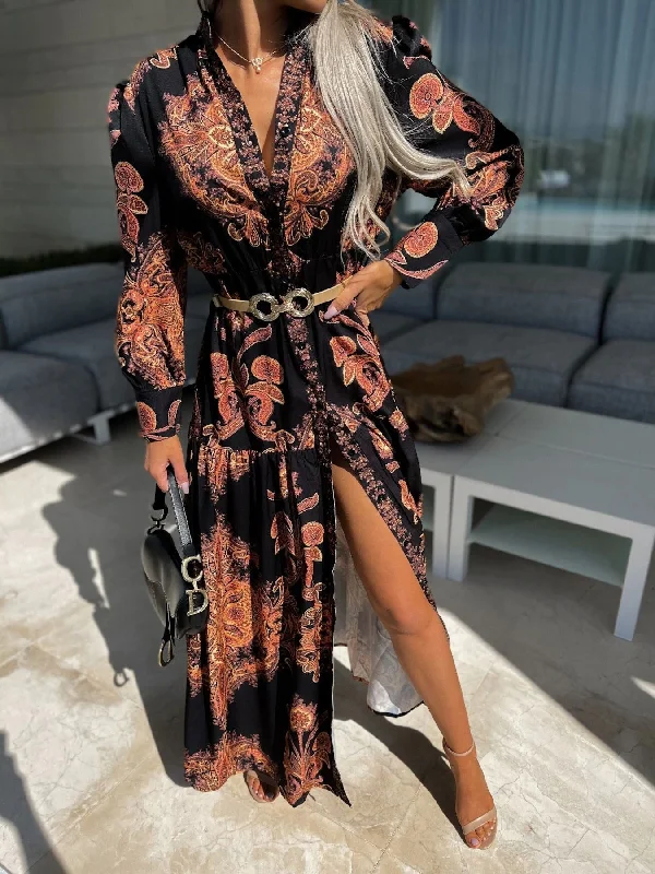 Women's Clothing Vintage Print Long Sleeve Slit Dress