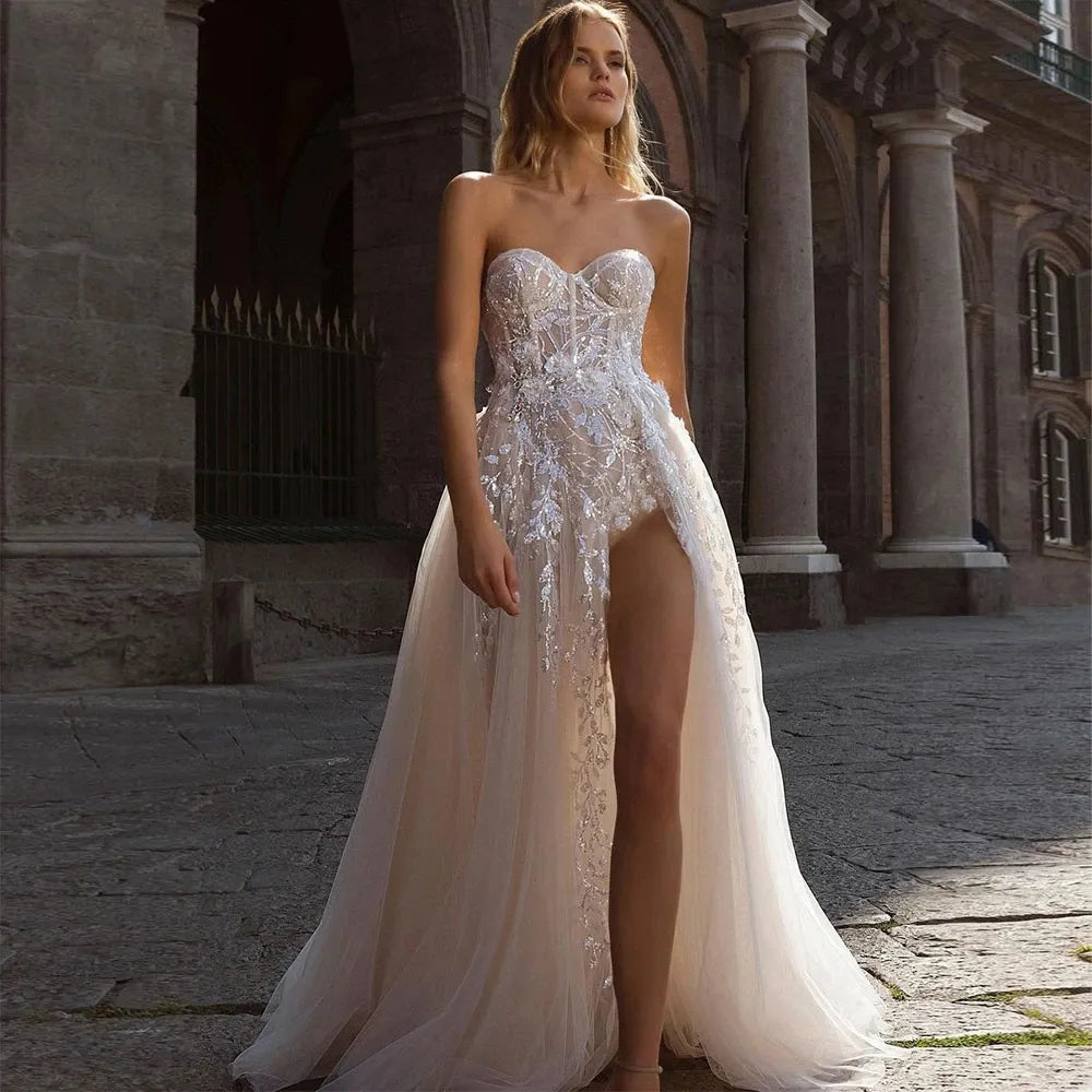 Classic Women's Clothing Styles New Beach Off Shoulder Split Wedding Dresses Lace Floral Glitter Underlay A Line Bride Gowns Front Slit Sexy Bridal Gowns Classic Women's Clothing Styles New Beach Off Shoulder Split Wedding Dresses Lace Floral Glitter Underlay A Line Bride Gowns Front Slit Sexy Bridal Gowns