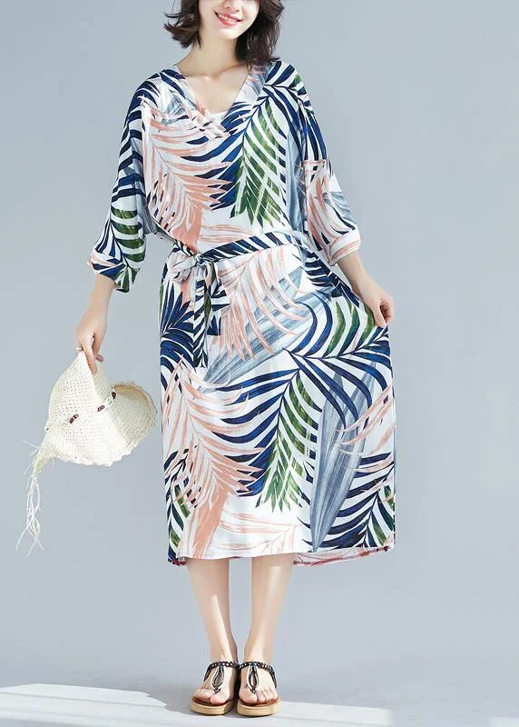 Women's Seasonal Wardrobe Clothing Beautiful v neck tie waist cotton outfit linen blue print loose Dress summer Women's Seasonal Wardrobe Clothing Beautiful v neck tie waist cotton outfit linen blue print loose Dress summer