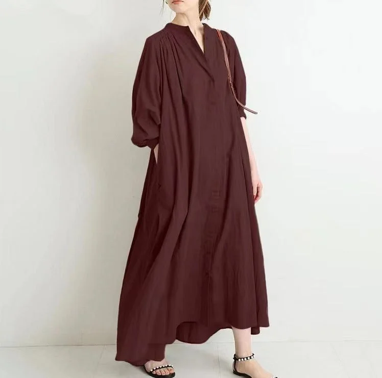 Vintage-Inspired Women's Clothes Casual Solid Color Puff Sleeve Pleated Cotton Linen Midi Shirtdress