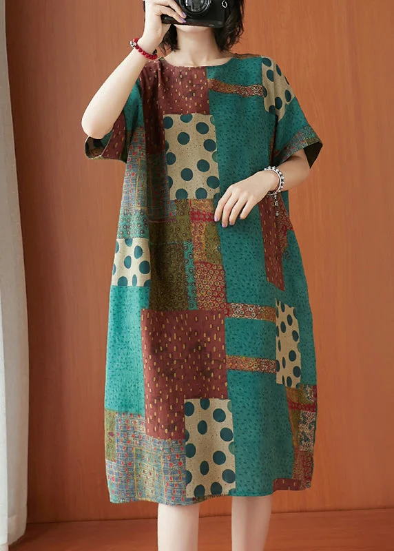 Women's Night-Out Clothes Handmade Colorblock O-Neck Print Cotton Dresses Short Sleeve