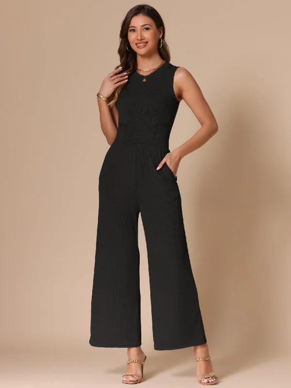 Stylish Loungewear for Women Solid Color Sleeveless Crew Neck Wide Leg Jumpsuits