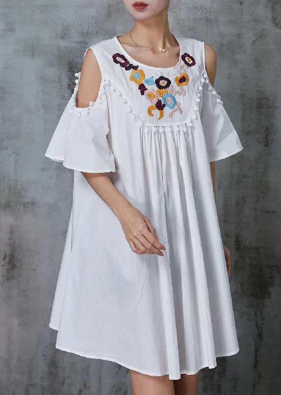 Seasonal Trends White Cotton Mid Dress Tasseled Embroidered Summer