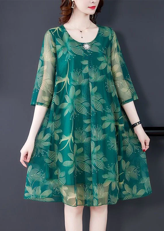 Huge Price Cut Green Print Tulle Dresses O Neck Half Sleeve